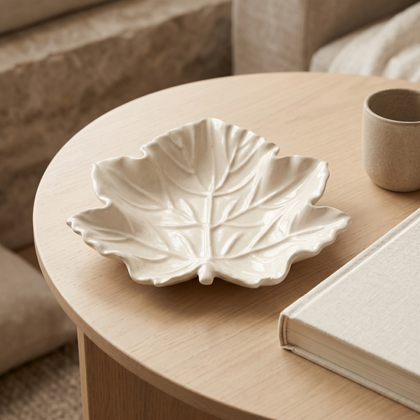 Cast Gypsum Maple Leaf Tray in a styled room setting