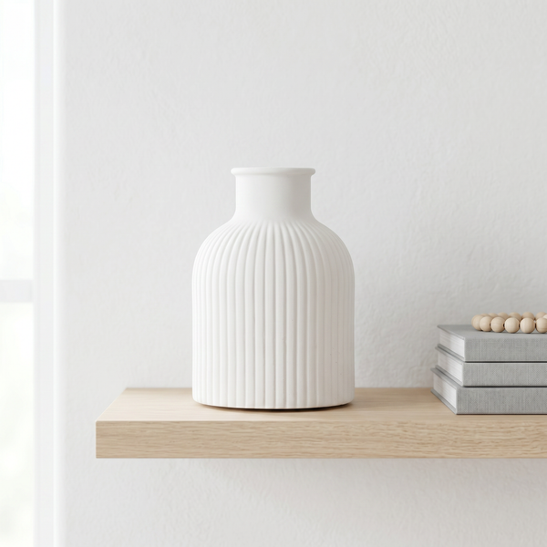 Ribbed Gypsum Bottle Vase in a styled room setting
