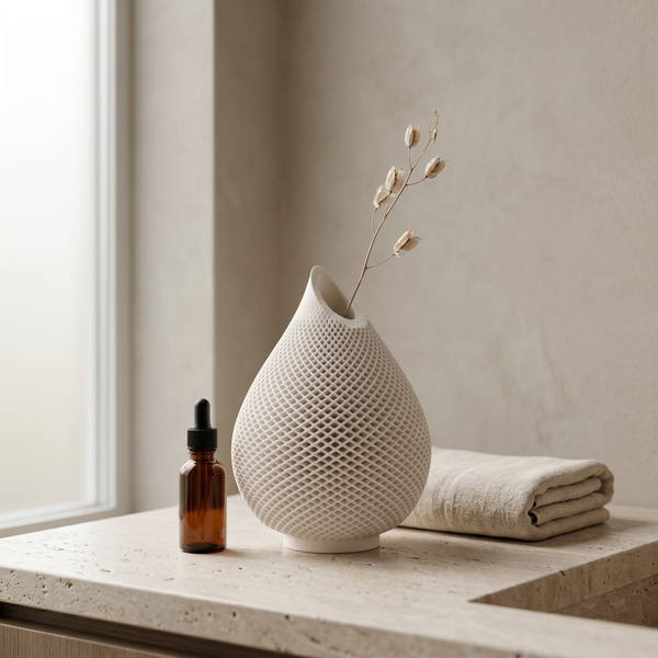 Honeycomb Relief Gypsum Teardrop Vase in a styled room setting