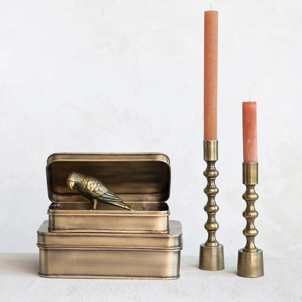 Taper Candle Holders, Antique Gold Finish, Set of 2 styled on a table with linen and ceramics
