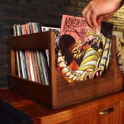 Wood-Grain Vinyl Record Storage Crate on a shelving unit with vinyl records