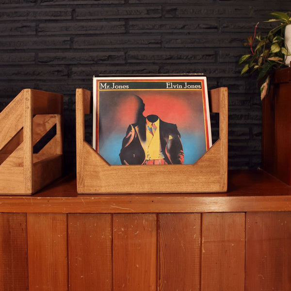 Wood-Grain Vinyl Record Storage Crate — Open-front wood crate holds 12-inch LPs upright for easy browsing and display