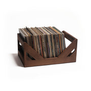 Stained Wood Vinyl Record Crate on a mid-century sideboard beside a turntable
