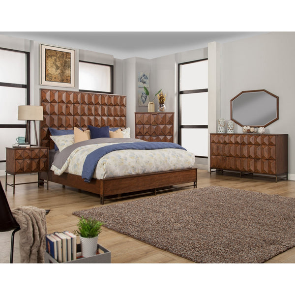 Brown geometric bed with blue bedding and matching patterned bedroom furniture.