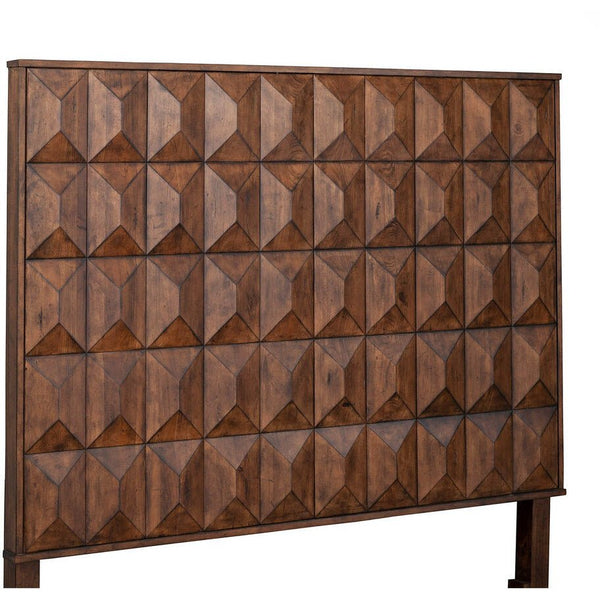 Brown geometric panel headboard shown diagonally against white without a bed frame.
