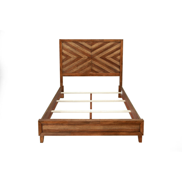 Brown chevron bed frame shown straight on without mattress against white.
