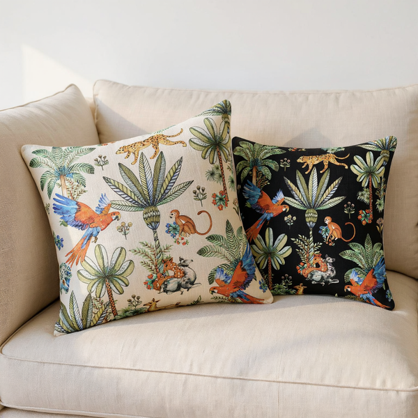 Color options for Tropical Print Cotton Throw Pillow grouped on coordinated upholstered seating