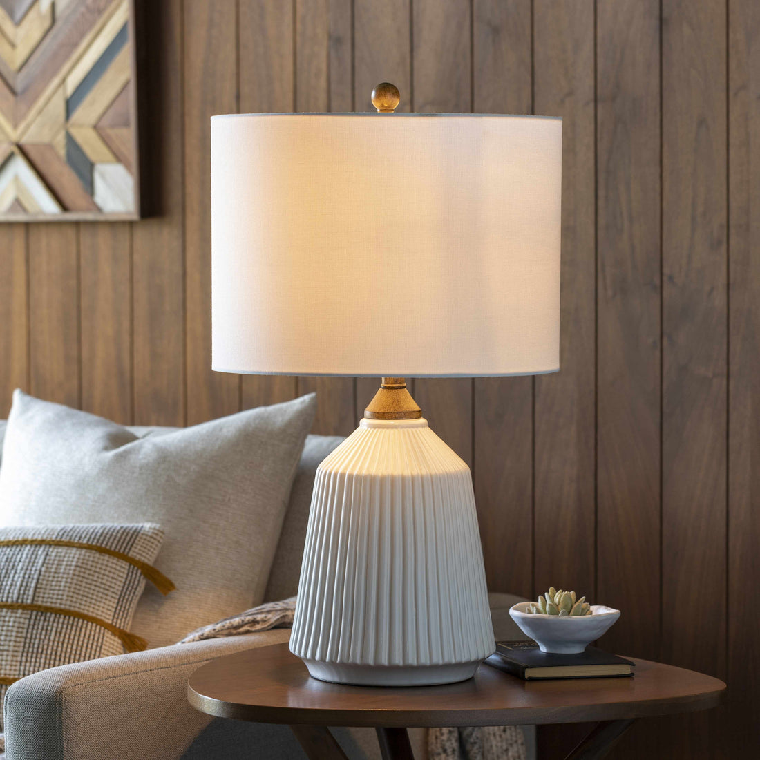 Fluted Ceramic Table Lamp — Ribbed ceramic base with linen-weave drum shade — warm, diffused glow