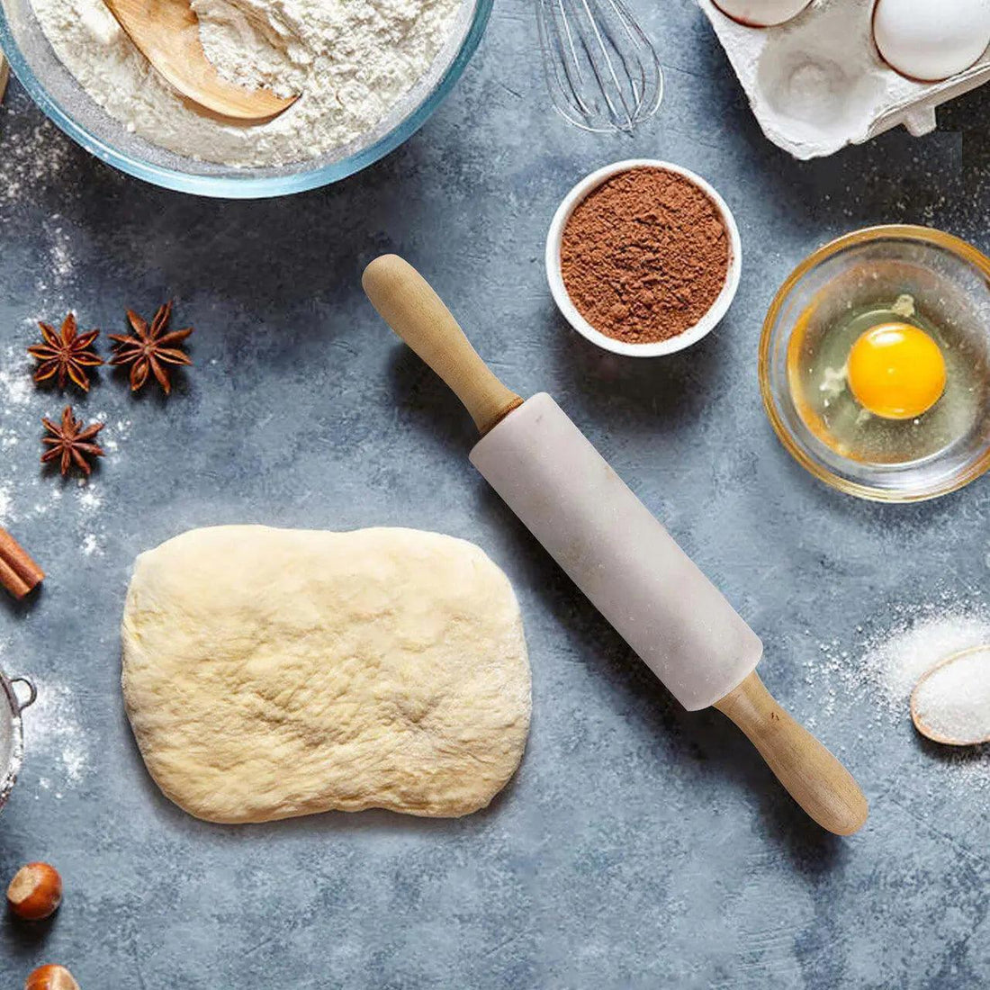 White Marble Rolling Pin with Wood Handles