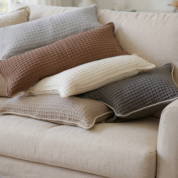Waffle-Knit Memory Foam Lumbar Pillow styled on coordinated seating