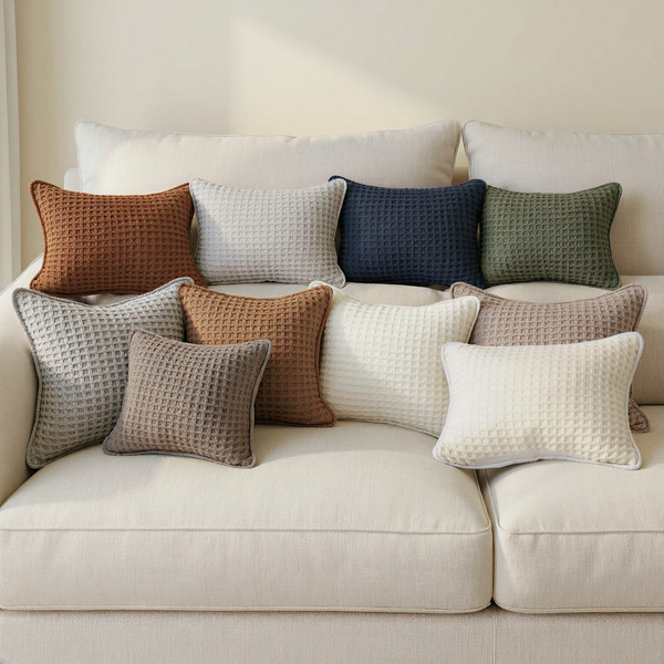 Waffle-Knit Lumbar Throw Pillow color options styled together on coordinated seating