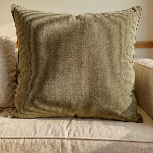 Warner Chenille Pillow - Olive - 2 Sizes in a close view on coordinated upholstered seating