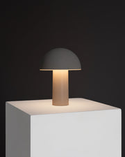 Dome-Shade Cordless Portable Lamp styled with ceramics and a linen runner