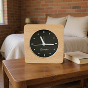 Wood Frame Silent Analog Alarm Clock styled in a warm editorial loft