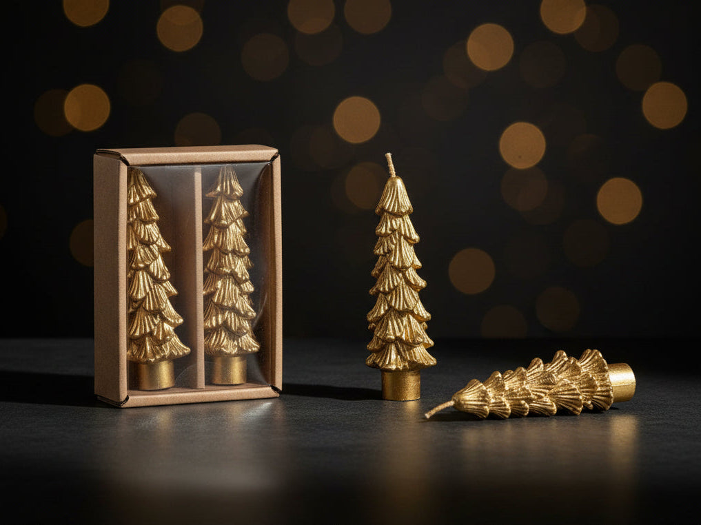 Shiny Gold Tree-Shaped Taper Candles, Set of 2