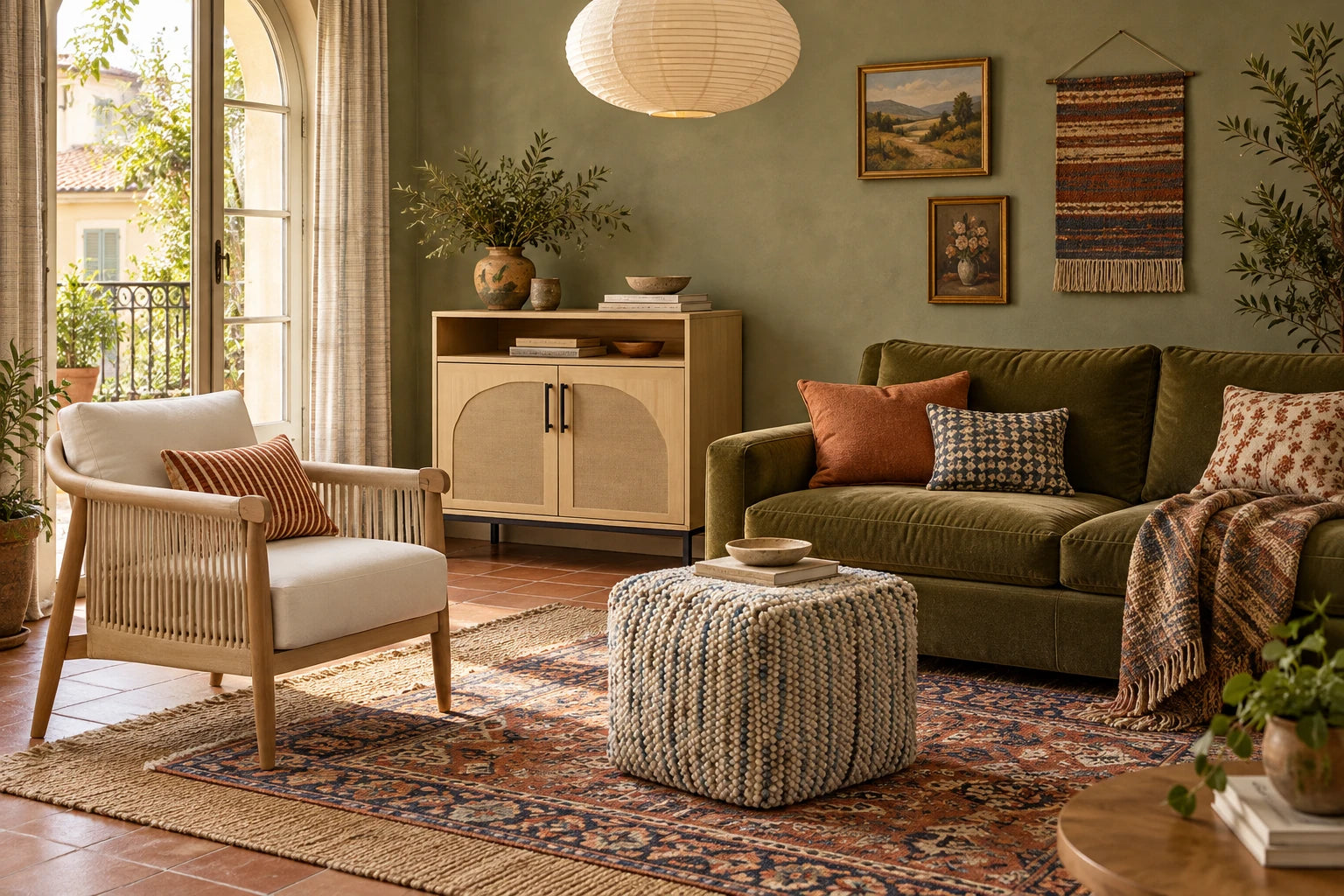 AI styled Boho room with sage walls, olive sofa, layered rugs, cord chair, woven cabinet and striped pouf