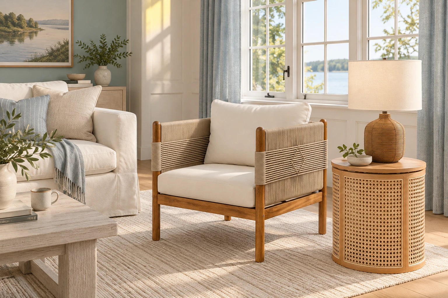 AI styled Coastal room with pale blue curtains, ivory sofa, rope chair, cane table and rattan lamp